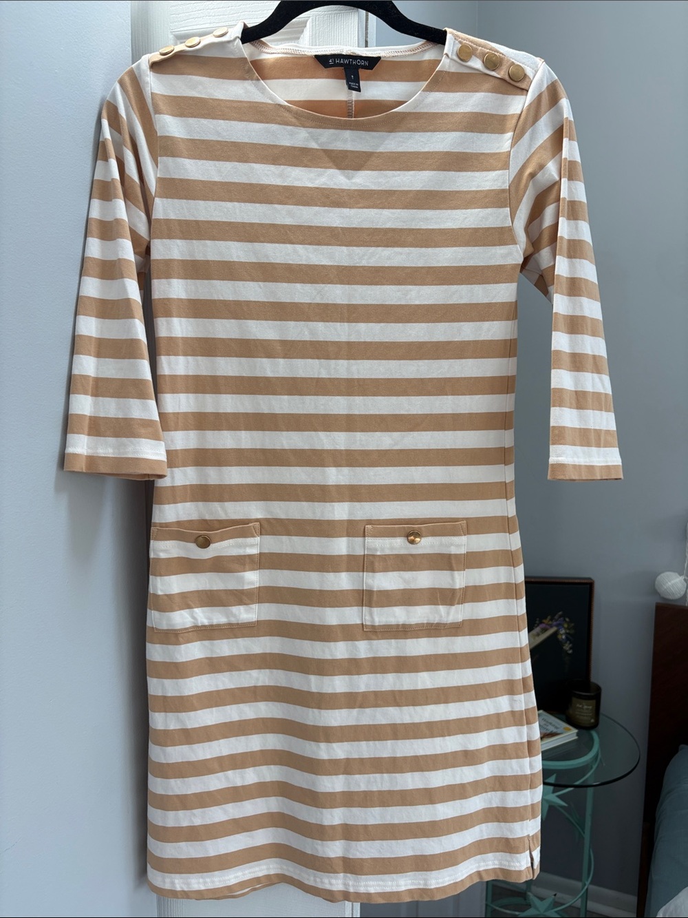 41 Hawthorn Beige & White Striped Shift Dress with Button Details